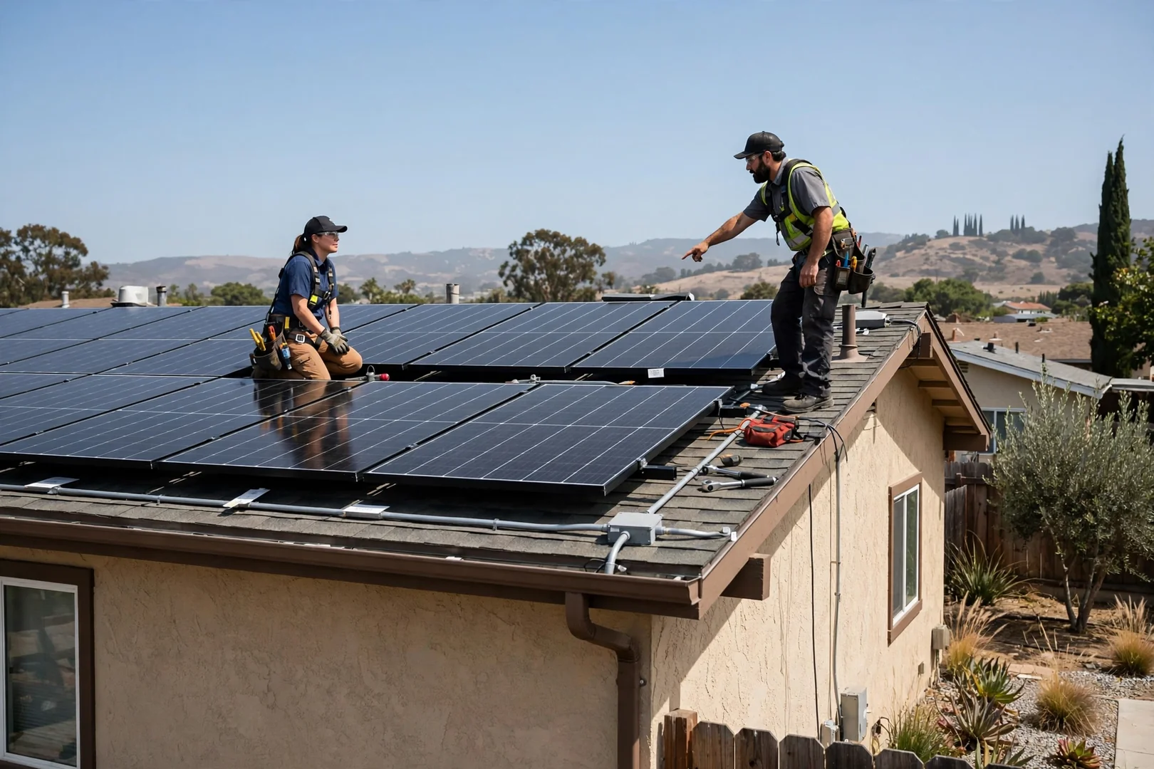 Finished rooftop solar array on a single-story Salinas home under clear sky