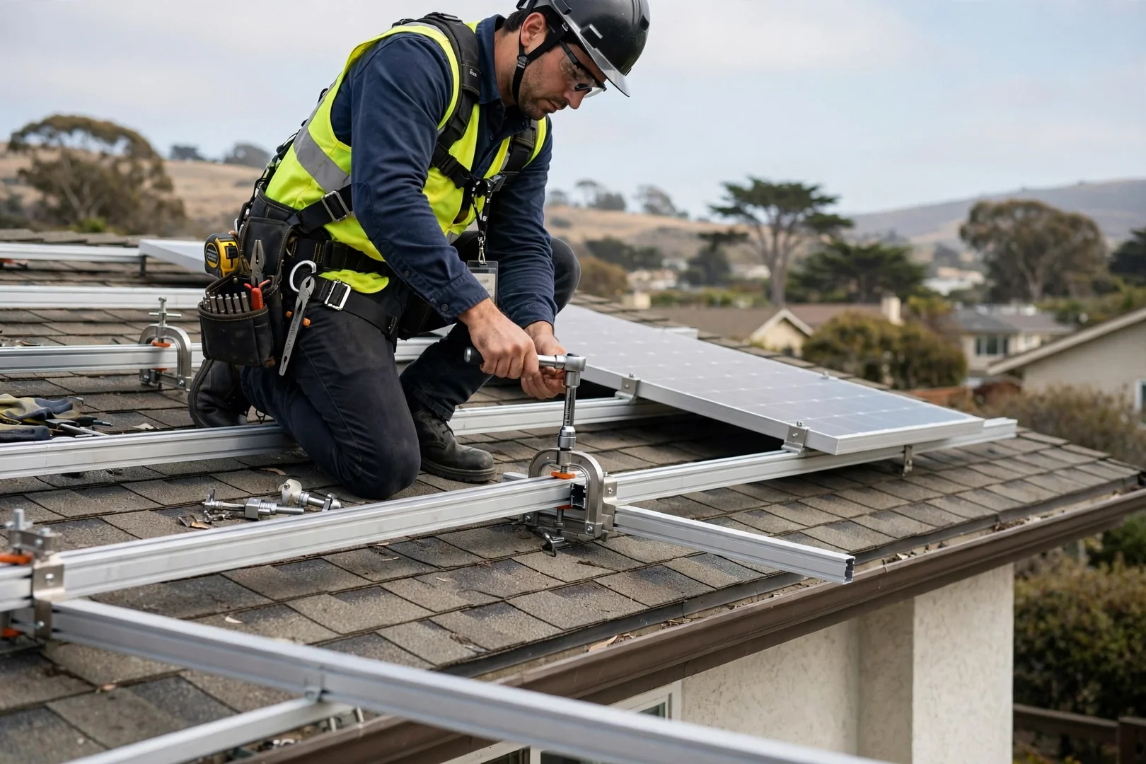 Installer torquing module clamps onto aluminum racking rails on a residential roof