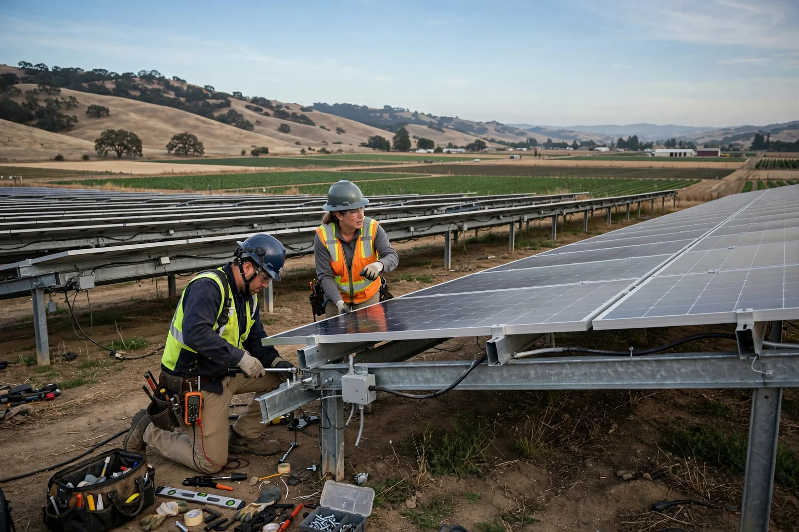 Ground-mounted solar array on steel racking across open valley farmland