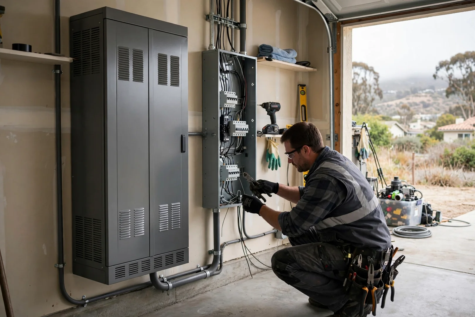 Battery storage cabinet and labeled critical load subpanel inside a residential garage
